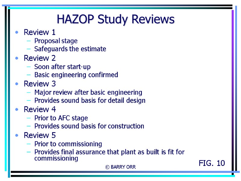 © BARRY ORR HAZOP Study Reviews Review 1 Proposal stage Safeguards the estimate Review